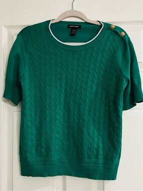 Select + Trend Short Sleeve Cable Knit Sweater Sz L Emerald Green Gold Buttons